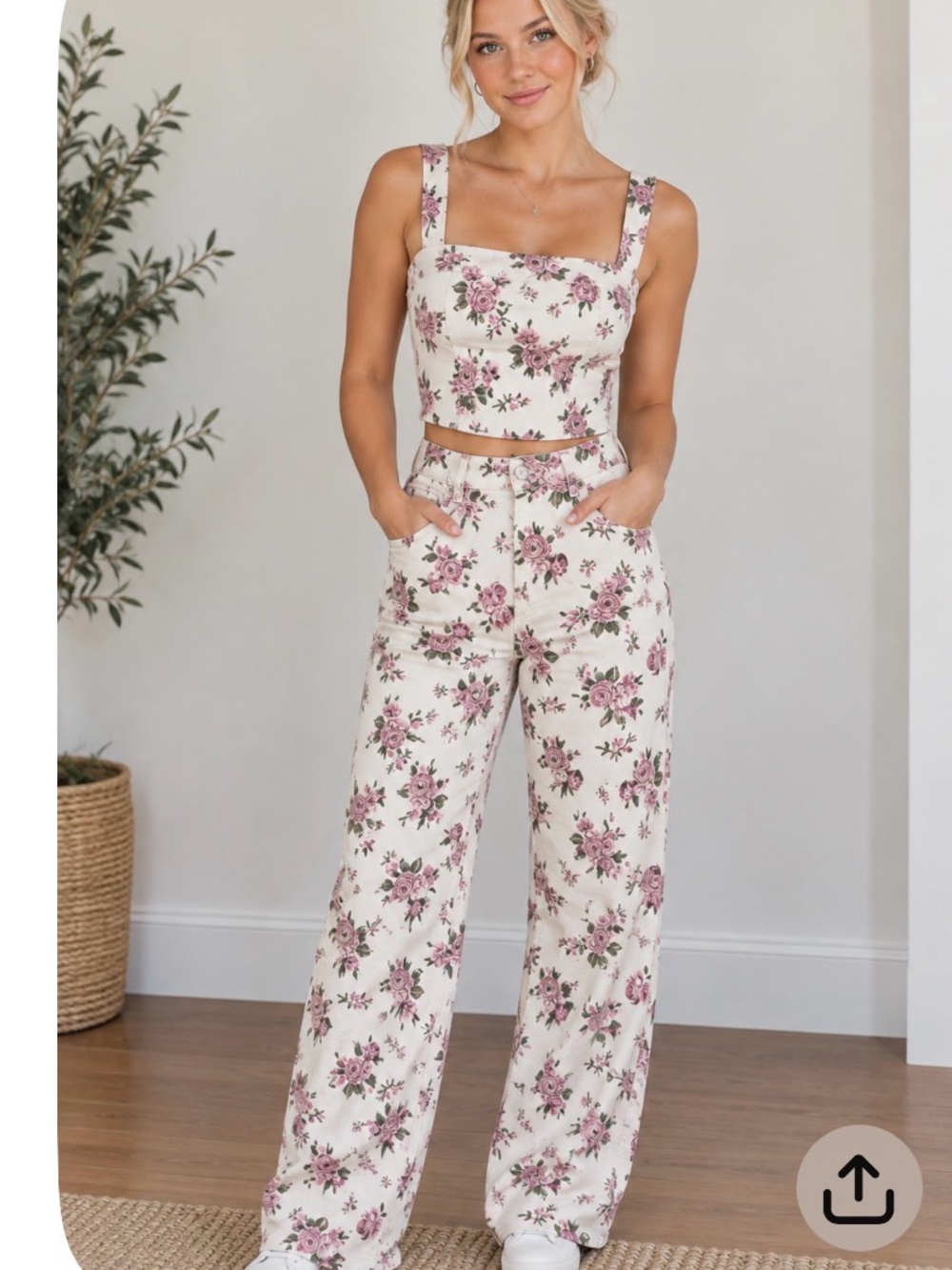 Floral Wide-Leg Pants in Cream with Pink Bloom Print